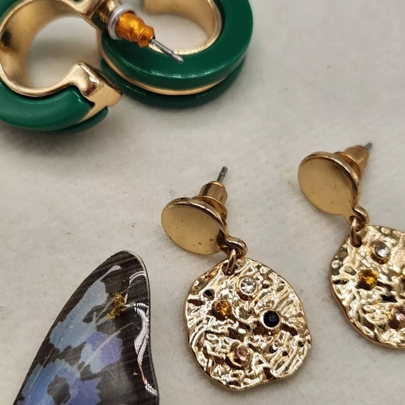 Lot Of 3 Pairs Bijou BRIGITTE Pierced Earrings Butterfly Gold Nugget Green Hoop - Picture 12 of 15